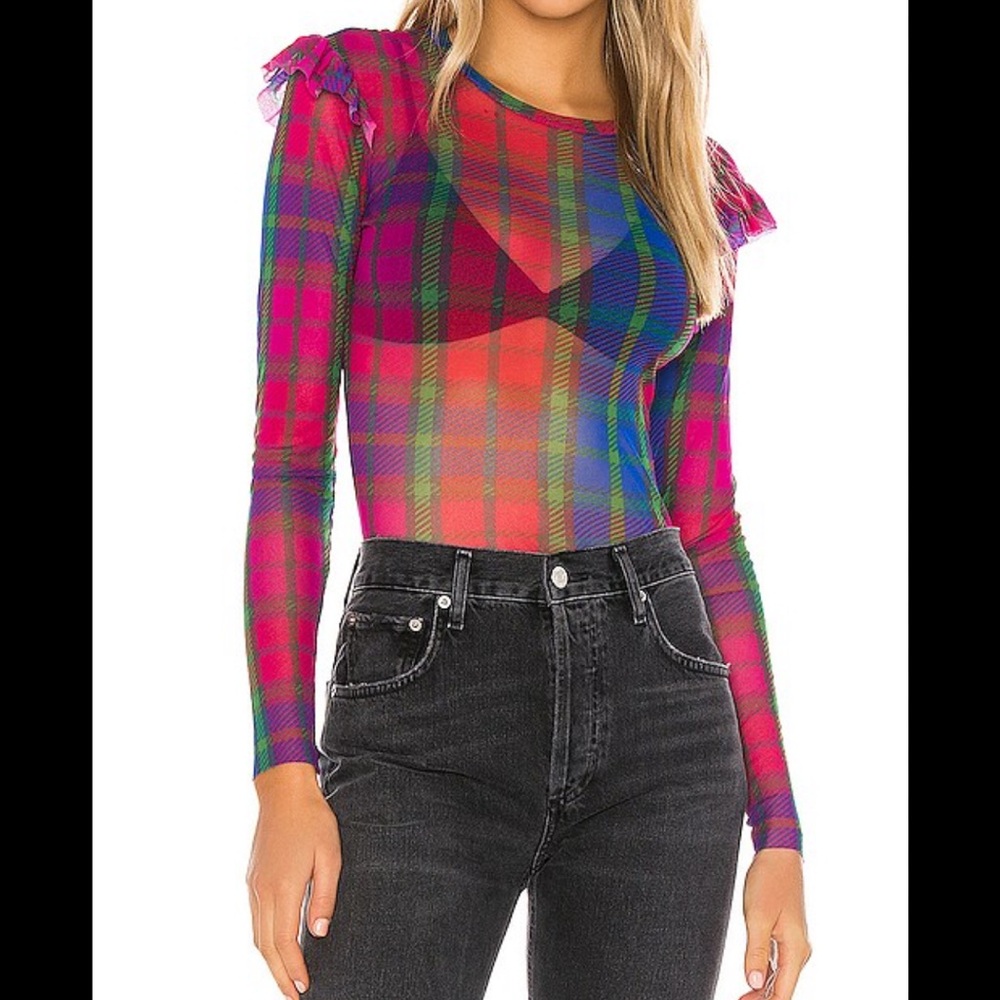 Revolve Only Hearts Multicolor Plaid flutter shoulder Long Sleeve Blouse s
